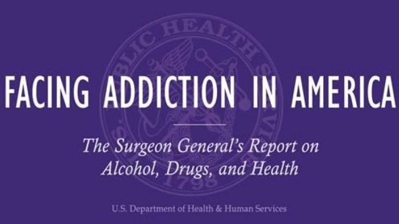 Cover of surgeon general's report on alcohol, drugs and health. Title reads Facing Addiction in America.