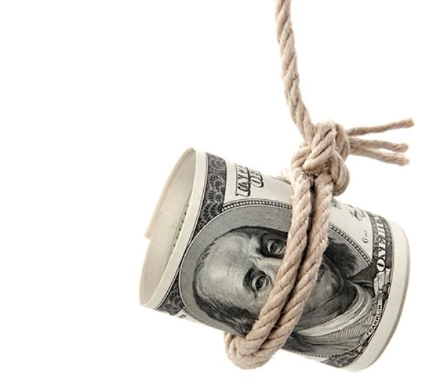 A rolled one hundred dollar bill with a rope tied around it, dangling from above.