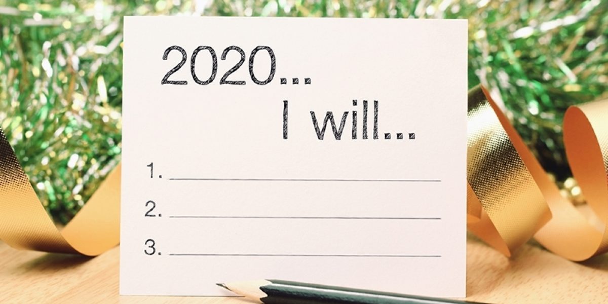 Note with "2020, I will..." written, with a space for three resolutions.