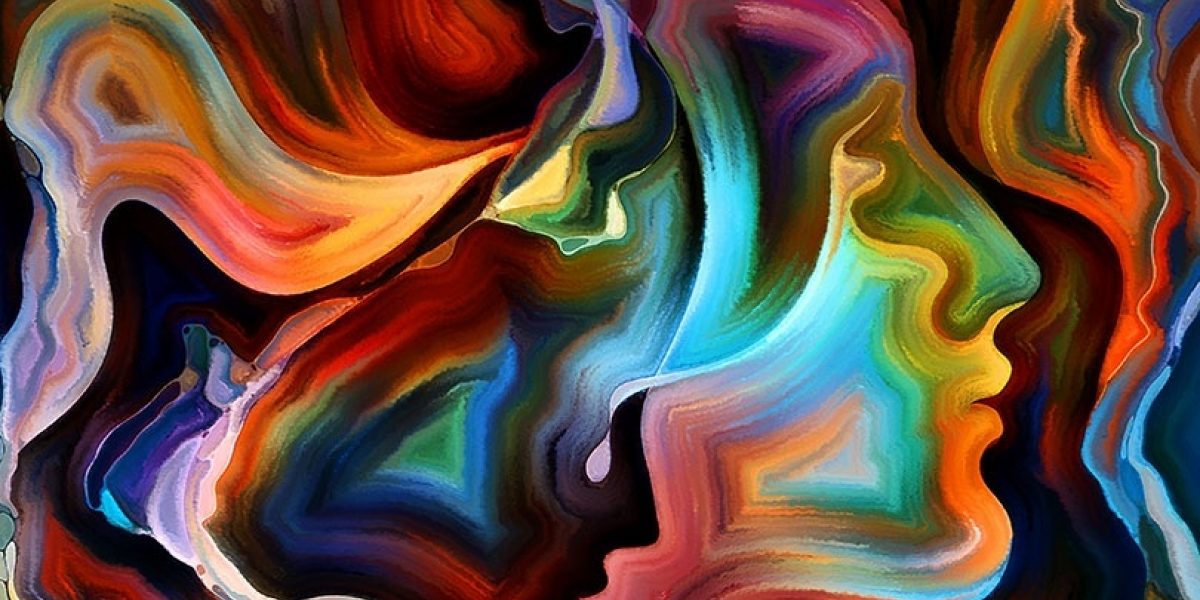 Bright, swirling colors form the profile of a face on a dark background.