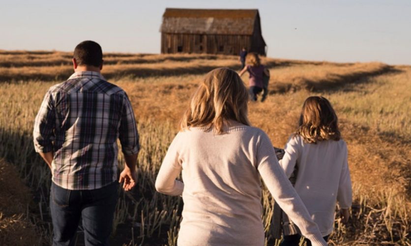 View from behind a family walking through a wheat field toward a barn.